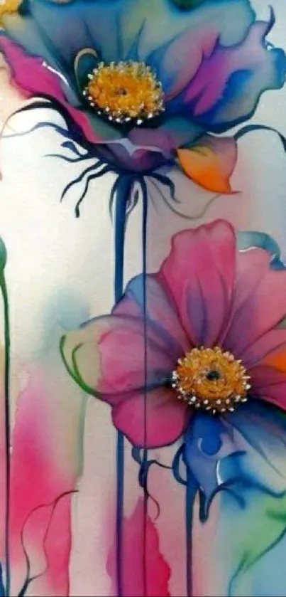 Vibrant watercolor floral wallpaper with abstract flower designs in pink and blue hues.