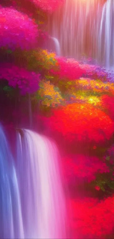 Vibrant cascading waterfall with colorful flowers on a mobile wallpaper display.