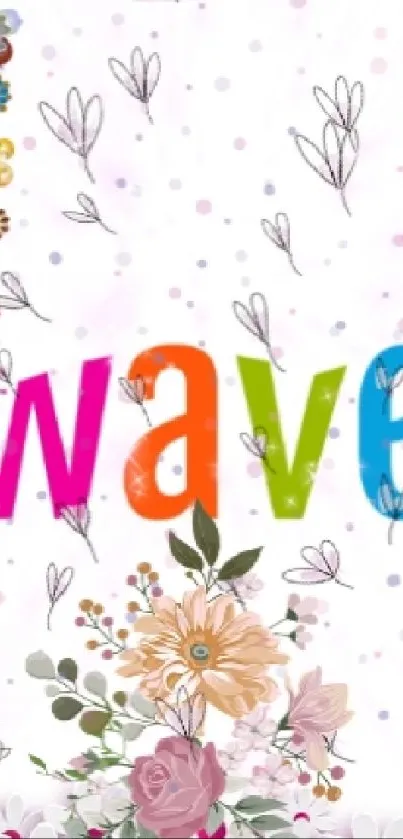 Colorful floral wallpaper with wave letters and decorative flowers.