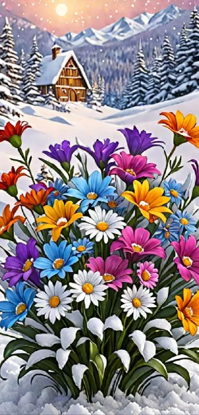 Colorful winter floral wallpaper with snow and cabin.