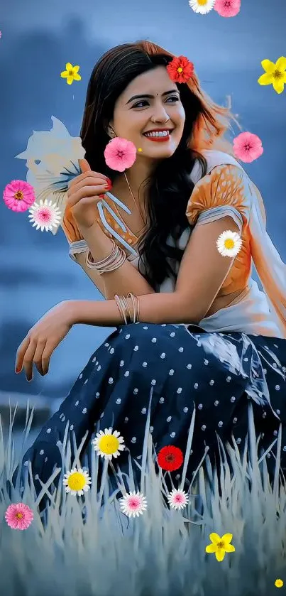 Smiling woman surrounded by colorful flowers in nature.