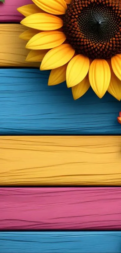 Colorful floral wallpaper with a sunflower on wooden background.