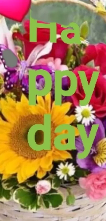 Vibrant wallpaper with flower basket and 'happy day' text.