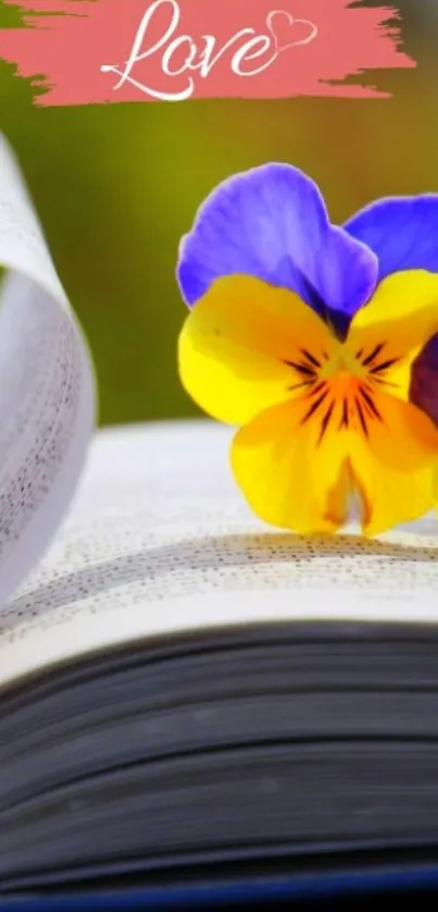 Vibrant pansy flower on open book with love theme.