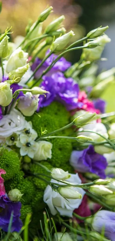 Colorful bouquet of flowers on grass in sunlight.