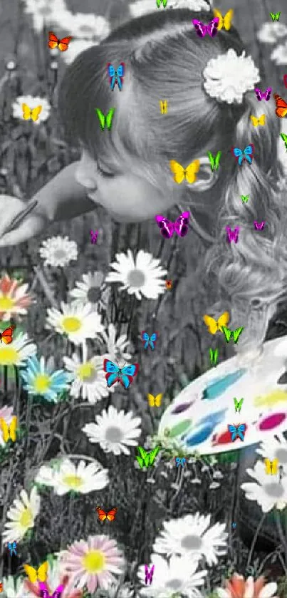 Young girl adds vibrant colors to daisies in black-and-white field.