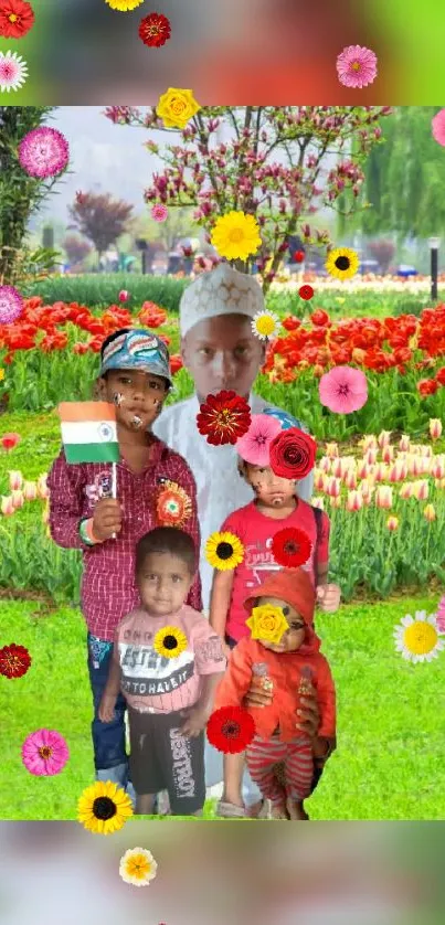 Children surrounded by colorful flowers in a garden setting wallpaper.