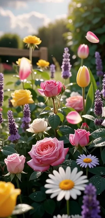 Colorful flower garden with diverse blooms in sunlight.