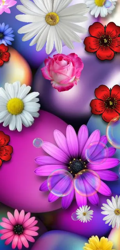 Vibrant mobile wallpaper with colorful flowers and a purple background.