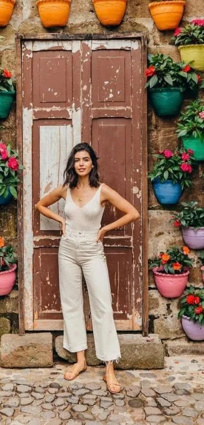 Woman standing by colorful wall of flower pots.