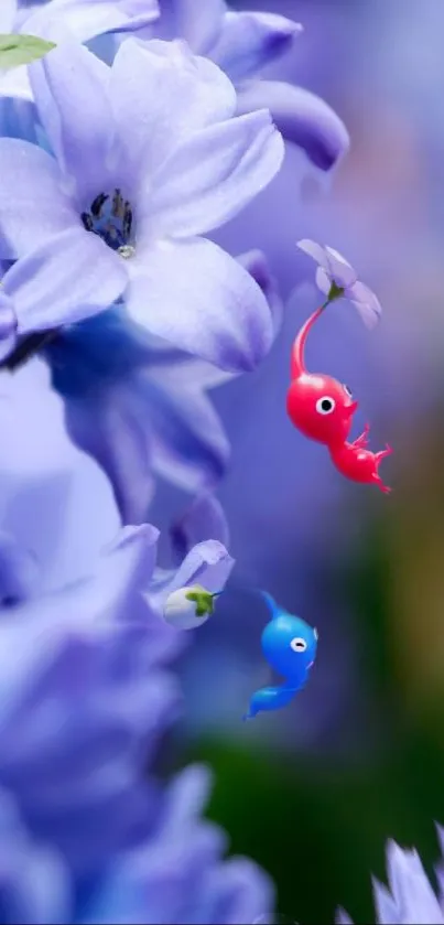 Whimsical fantasy creatures among vibrant flowers.