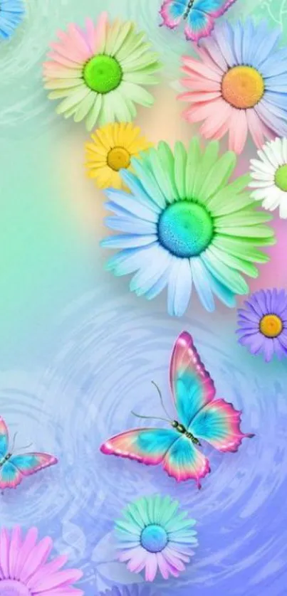 Colorful floral and butterfly phone wallpaper with a pastel background.