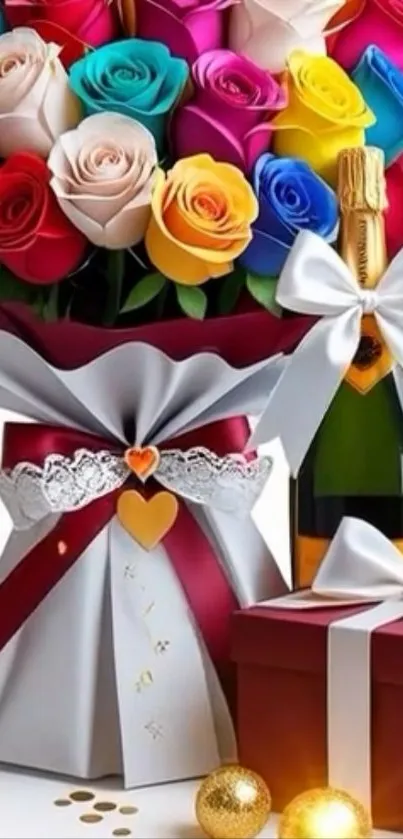 Mobile wallpaper of colorful flowers, champagne, and gift box.
