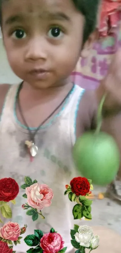 Child holding a green fruit with colorful roses overlay.