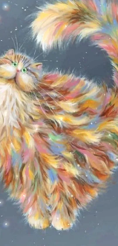 Vibrant and fluffy cat artwork in rainbow colors on a dark background.