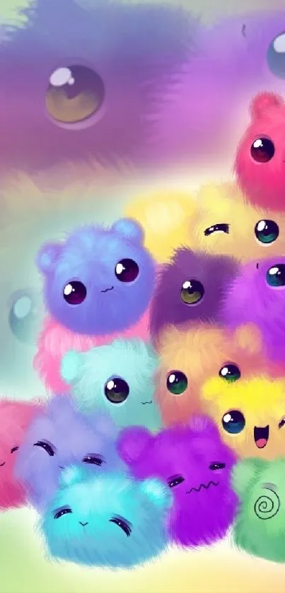 Colorful fluffy creatures phone wallpaper.