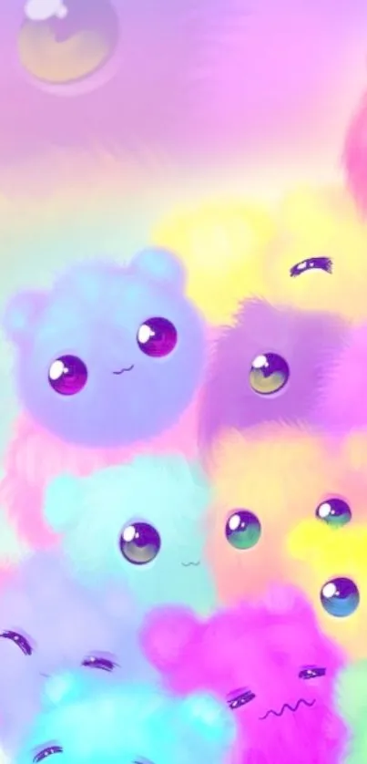 Vibrant cartoon wallpaper with fluffy, cute animals and pastel colors.