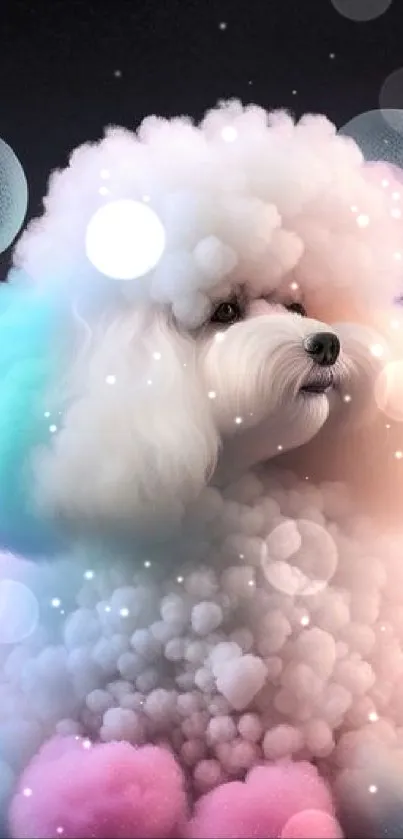 Colorful and fluffy dog surrounded by pastel spheres, creating a dreamy look.