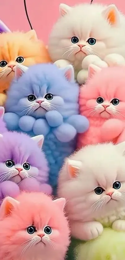 Seven fluffy kittens in pastel colors sit together, creating a colorful background.