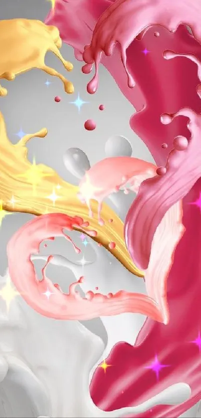 Colorful splash wallpaper with pink, gold, and white fluid art on a gray background.