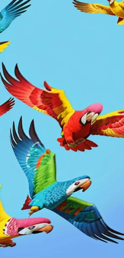 Colorful parrots flying against a bright blue sky.