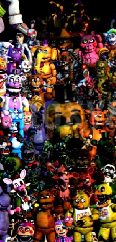 Colorful FNAF character collage wallpaper.