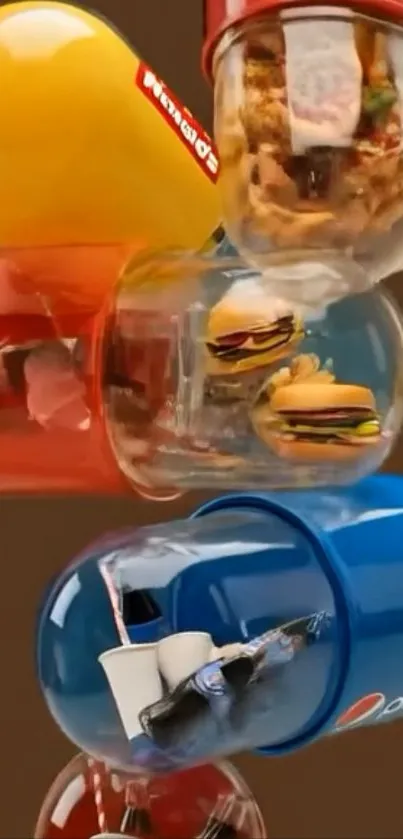 Colorful capsules containing fast-food items.
