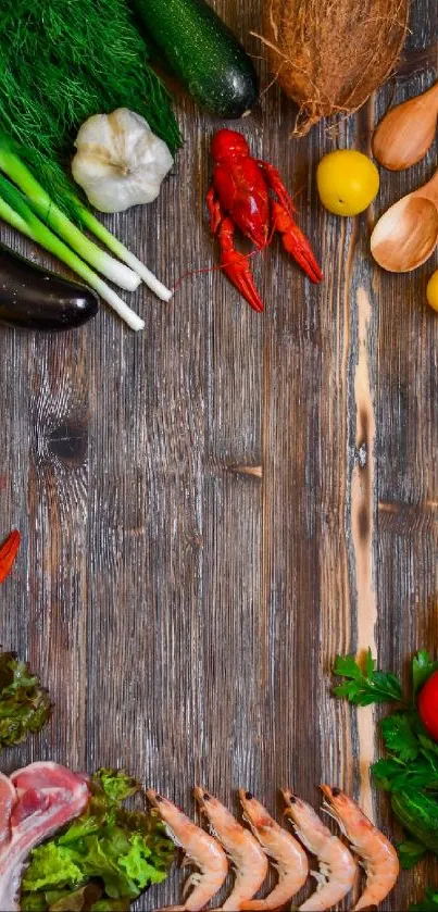 Colorful flat lay of fresh ingredients on wooden backdrop.