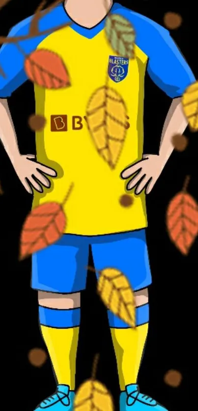 Football player in yellow and blue jersey with autumn leaves.