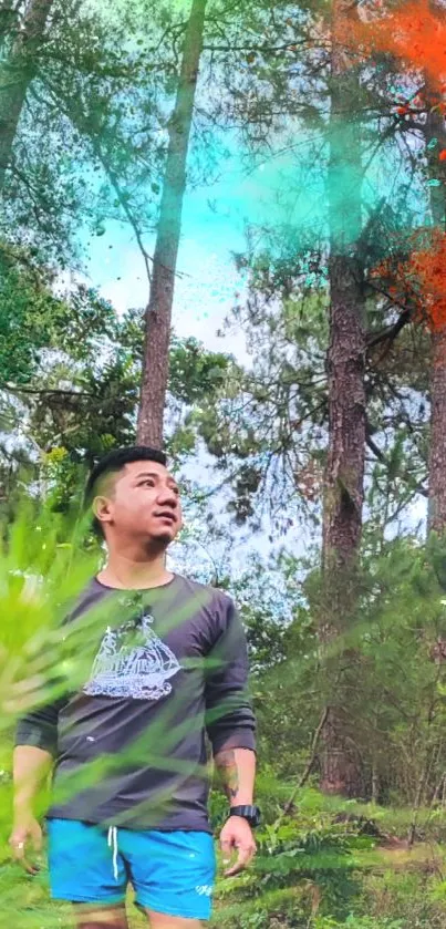 Man in vibrant forest with colorful hues in background.