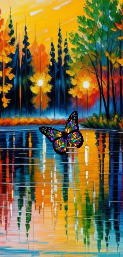 Vibrant forest scene with butterfly and colorful reflection.