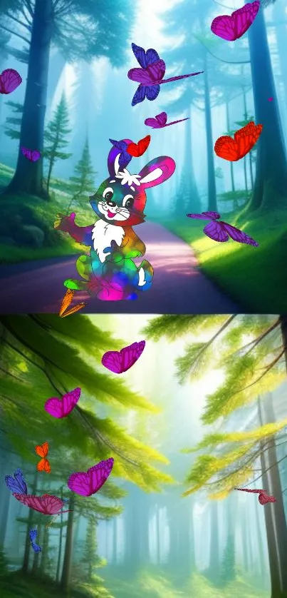 Vibrant cartoon forest scene with colorful butterflies and character.