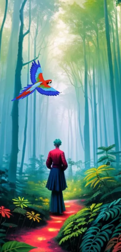 Vibrant forest with a parrot and figure on a colorful path.