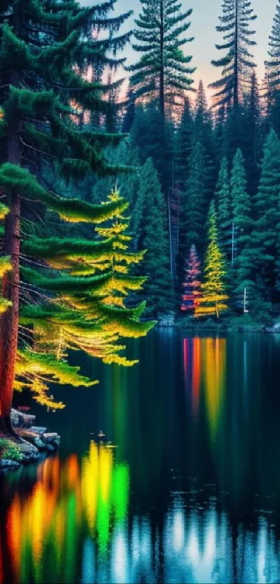 Vivid forest reflected in a tranquil lake at sunset.