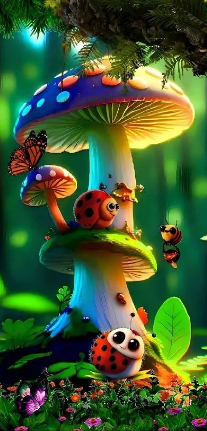 Colorful forest with mushrooms and ladybugs.