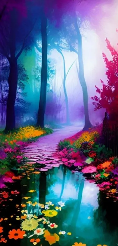 Vibrant and colorful forest path wallpaper with serene water reflections.