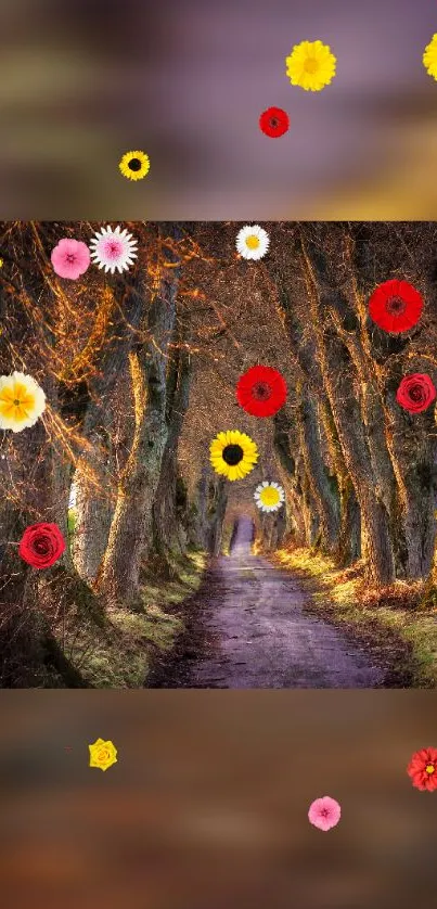 Enchanted forest path with colorful flowers.