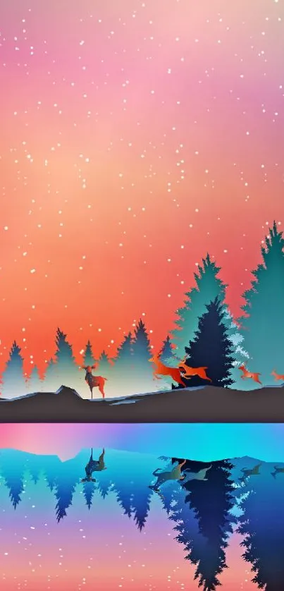 Vibrant forest reflection wallpaper with deer under a colorful sky.