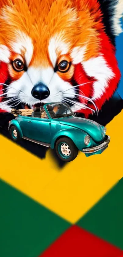 Artistic fox and vintage car wallpaper with vibrant colors.