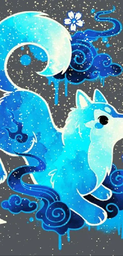 Animated blue fox artwork on a mobile wallpaper.