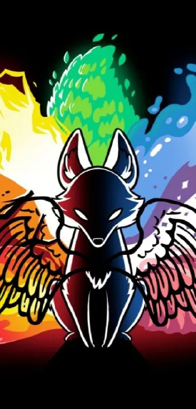 Colorful fox with wings in elemental art.