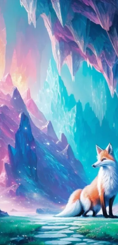 Fantasy fox in a vibrant, colorful cave setting with vivid blue hues.