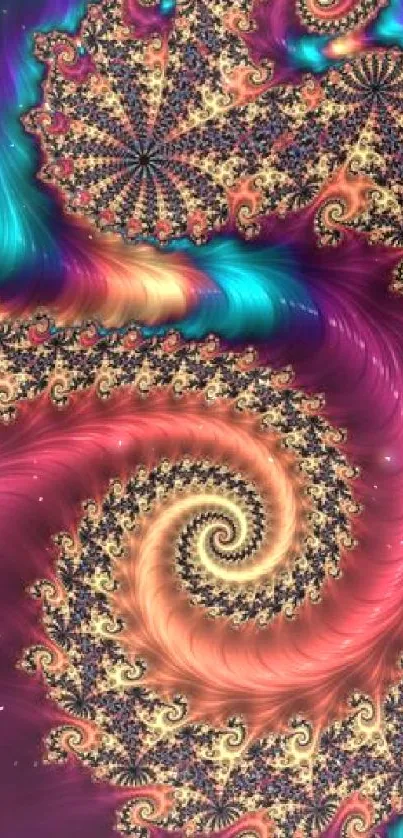 Vibrant fractal art wallpaper with purple and gold swirls.