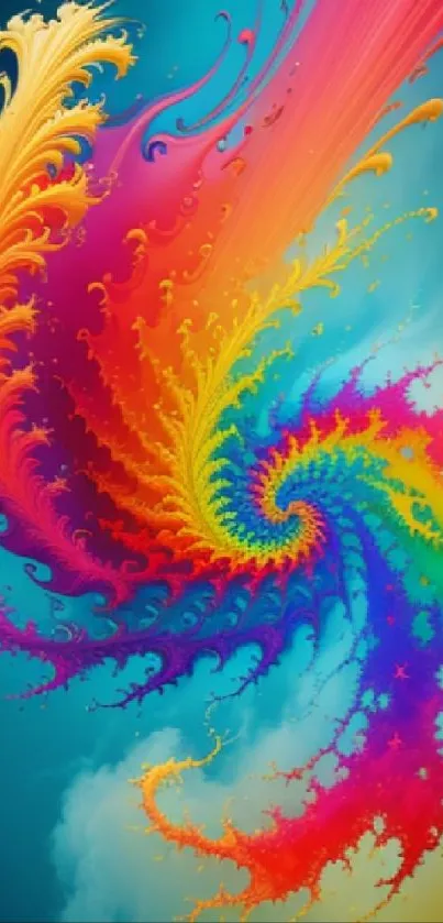 Colorful fractal spiral art with vibrant rainbow hues on a teal background.