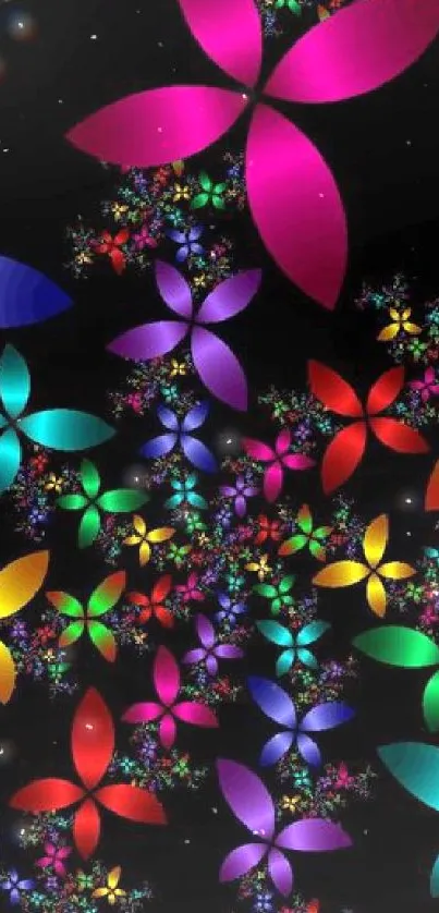 Colorful fractal flowers on a black background, creating a vibrant display.