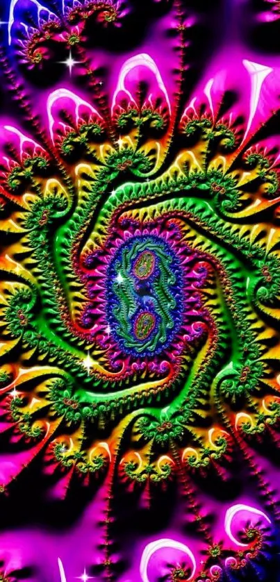 Vibrant fractal mobile wallpaper with swirling purple and green designs.