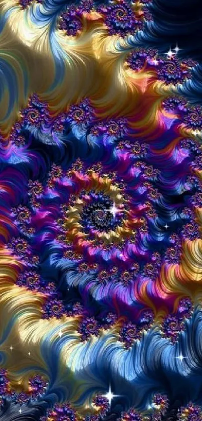 Colorful fractal spiral art with vibrant blues and purples.