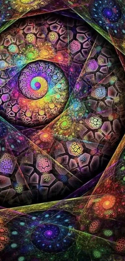 Colorful fractal spiral with geometric patterns.