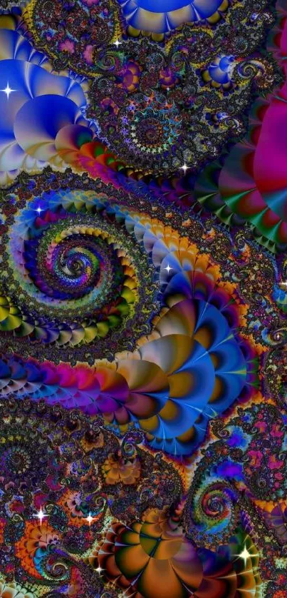 Bright and colorful fractal swirl wallpaper with vibrant, intricate patterns.