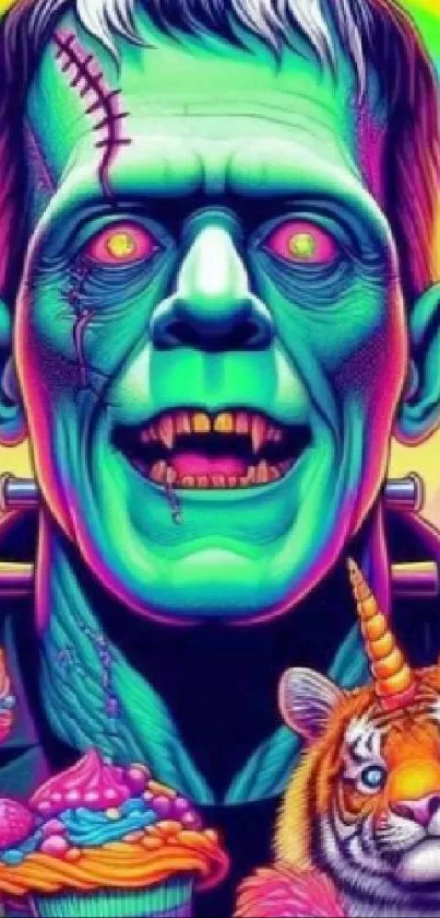 Frankenstein in neon colors with surreal elements.